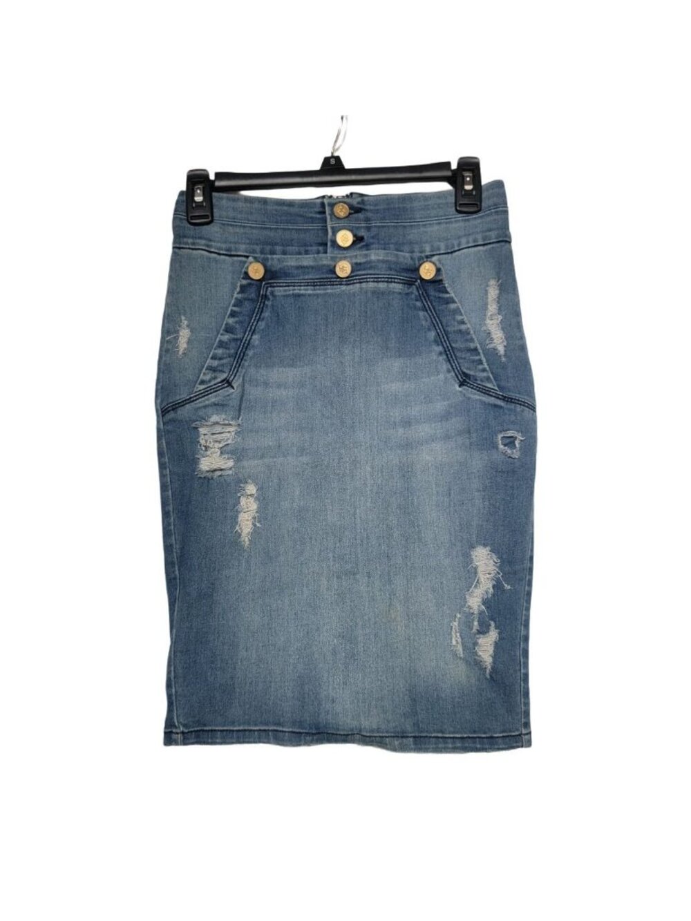 ❤️Bebe Women’s Blue Denim Midi Skirt Size 27 Distressed Gold Buttons Jean Skirt - Picture 3 of 8